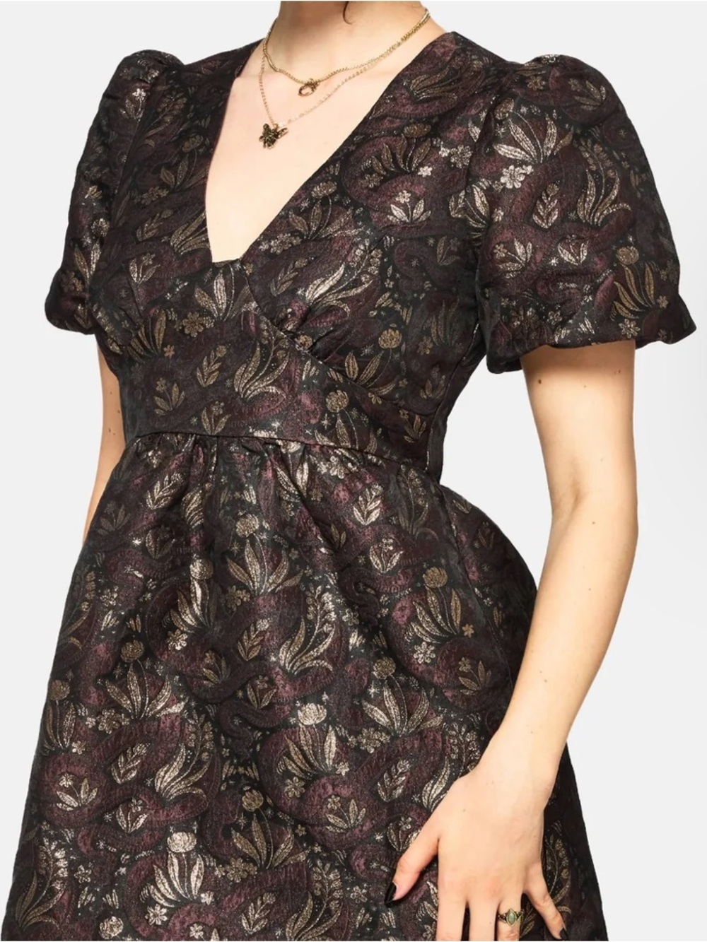 Disturbia NWT Rena Snake Jacquard Puff Sleeve Mini Dress Brown Gold Metallic Sz8 - Picture 11 of 17